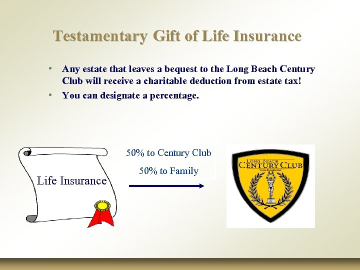 Testamentary Gift of Life Insurance • Any estate that leaves a bequest to the