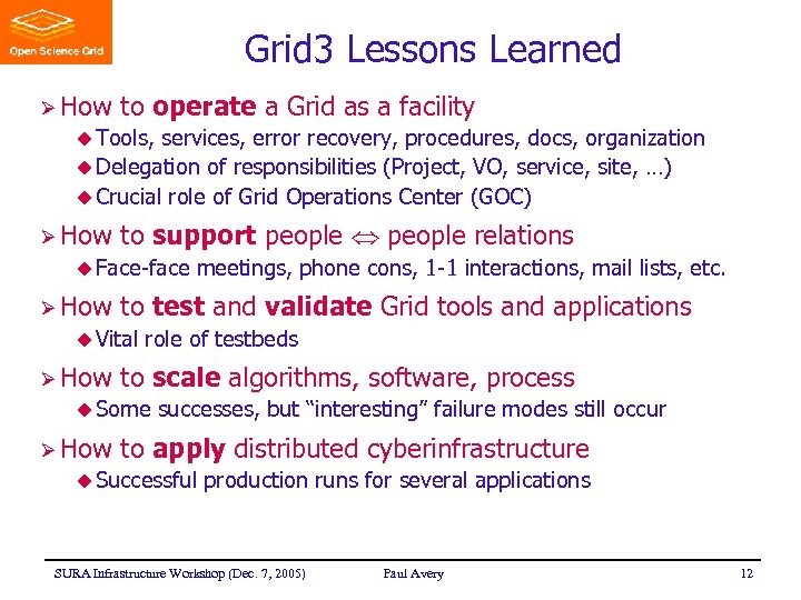 Grid 3 Lessons Learned Ø How to operate a Grid as a facility u