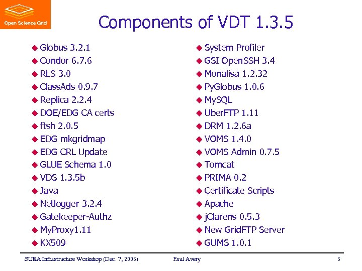 Components of VDT 1. 3. 5 u Globus 3. 2. 1 u Condor 6.