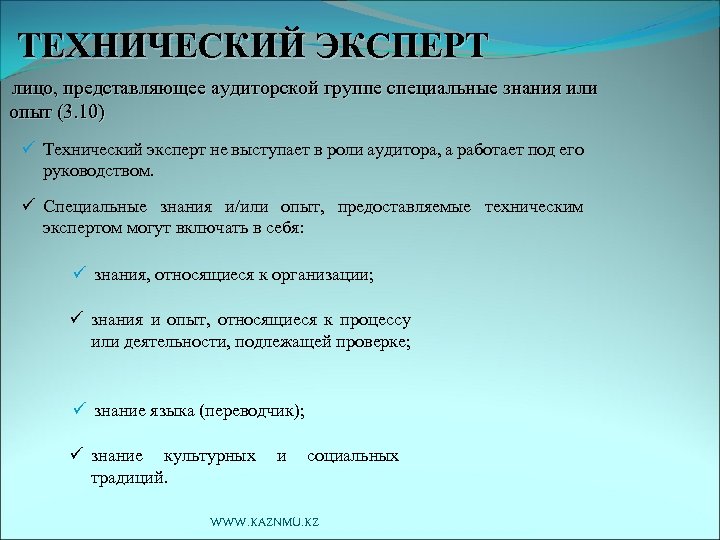 ТЕХНИЧЕСКИЙ ЭКСПЕРТ лицо, представляющее аудиторской группе специальные знания или опыт (3. 10) ü Технический