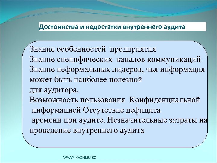 Достоинства и недостатки внутреннего аудита Знание особенностей предприятия Знание специфических каналов коммуникаций Знание неформальных