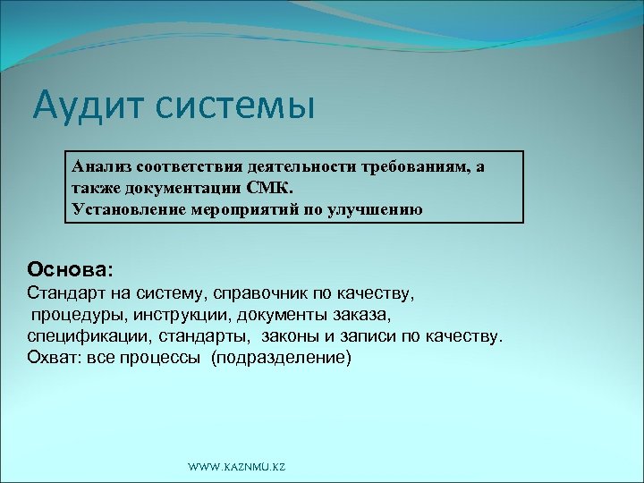 Аудит системы Анализ соответствия деятельности требованиям, а также документации СМК. Установление мероприятий по улучшению