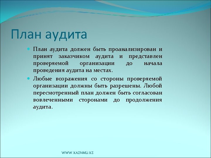 План аудита должен быть проанализирован и принят заказчиком аудита и представлен проверяемой организации до