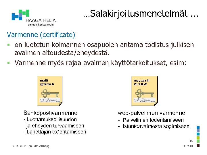 …Salakirjoitusmenetelmät. . . Varmenne (certificate) on luotetun kolmannen osapuolen antama todistus julkisen avaimen aitoudesta/eheydestä.
