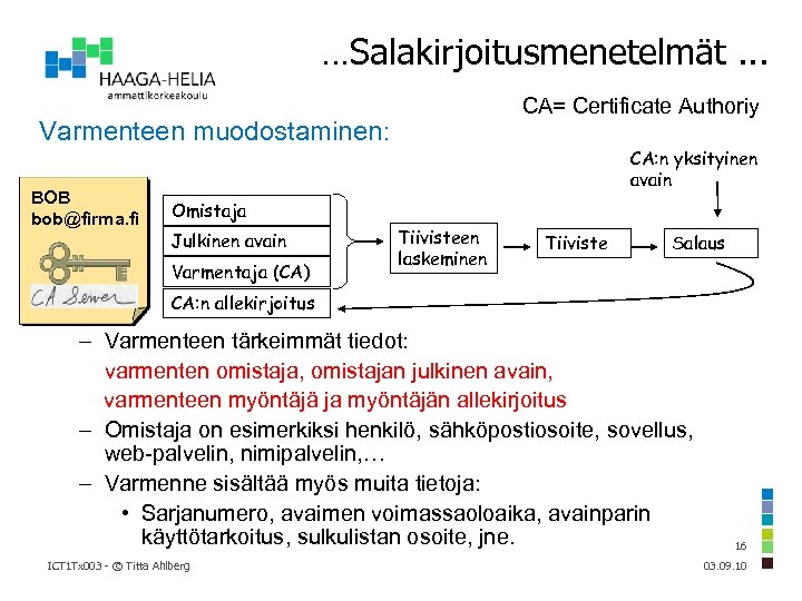 …Salakirjoitusmenetelmät. . . CA= Certificate Authoriy Varmenteen muodostaminen: BOB bob@firma. fi CA: n yksityinen