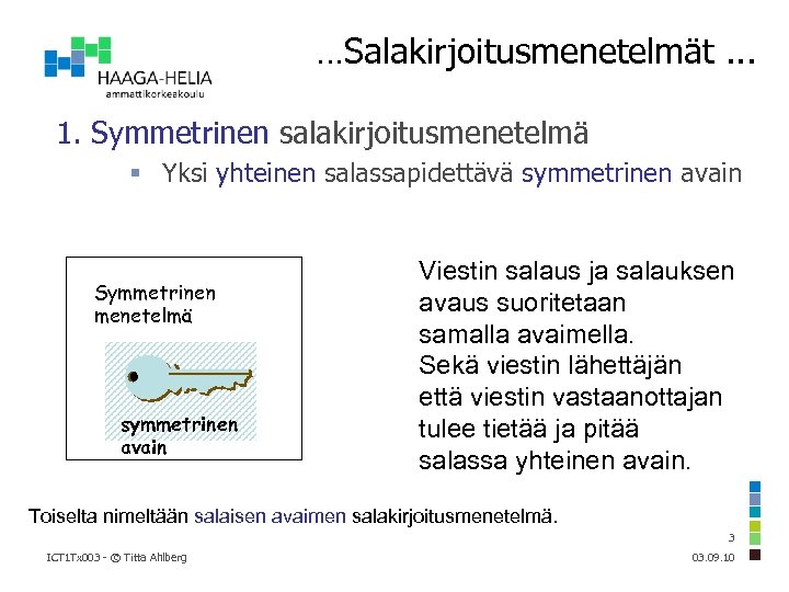 …Salakirjoitusmenetelmät. . . 1. Symmetrinen salakirjoitusmenetelmä Yksi yhteinen salassapidettävä symmetrinen avain Symmetrinen menetelmä symmetrinen