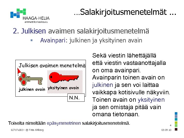 …Salakirjoitusmenetelmät. . . 2. Julkisen avaimen salakirjoitusmenetelmä Avainpari: julkinen ja yksityinen avain Julkisen avaimen