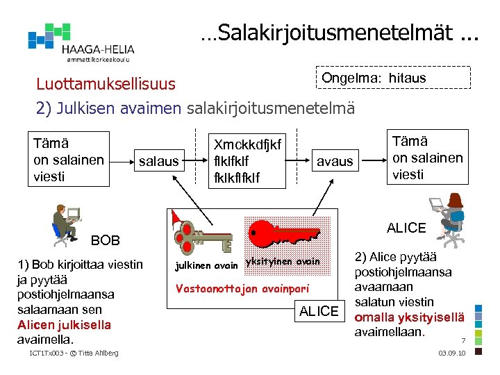…Salakirjoitusmenetelmät. . . Ongelma: hitaus Luottamuksellisuus 2) Julkisen avaimen salakirjoitusmenetelmä Tämä on salainen viesti