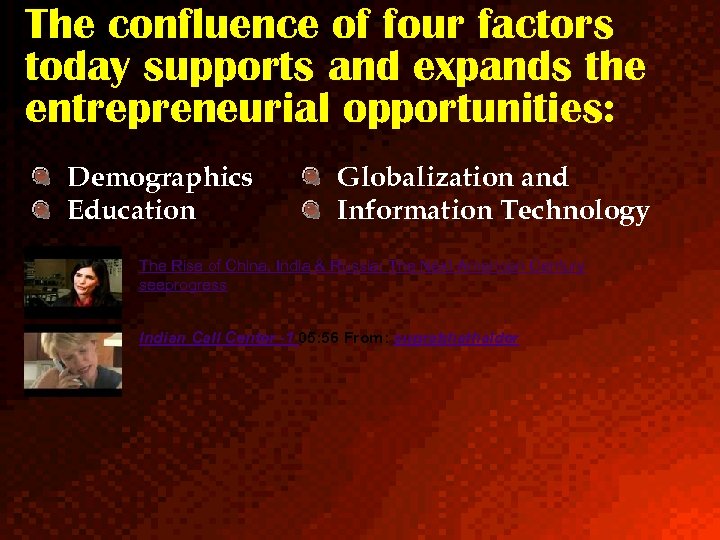 The confluence of four factors today supports and expands the entrepreneurial opportunities: Demographics Education