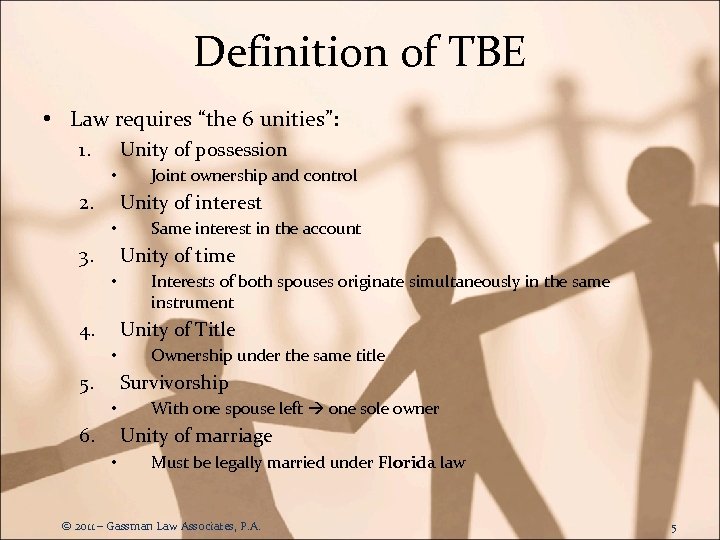 Definition of TBE • Law requires “the 6 unities”: 1. Unity of possession •