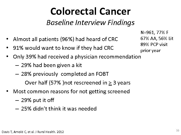 Colorectal Cancer Baseline Interview Findings N=961, 77% F 67% AA, 56% Lit 89% PCP