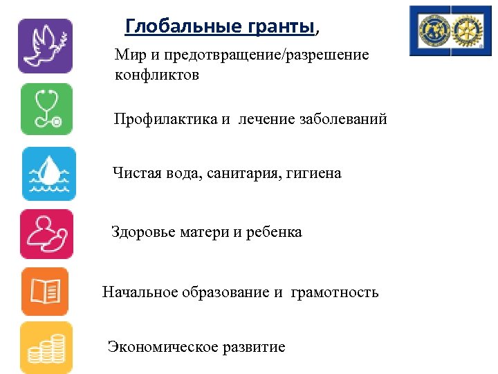 Глобальные гранты, Мир и предотвращение/разрешение конфликтов Профилактика и лечение заболеваний Чистая вода, санитария, гигиена