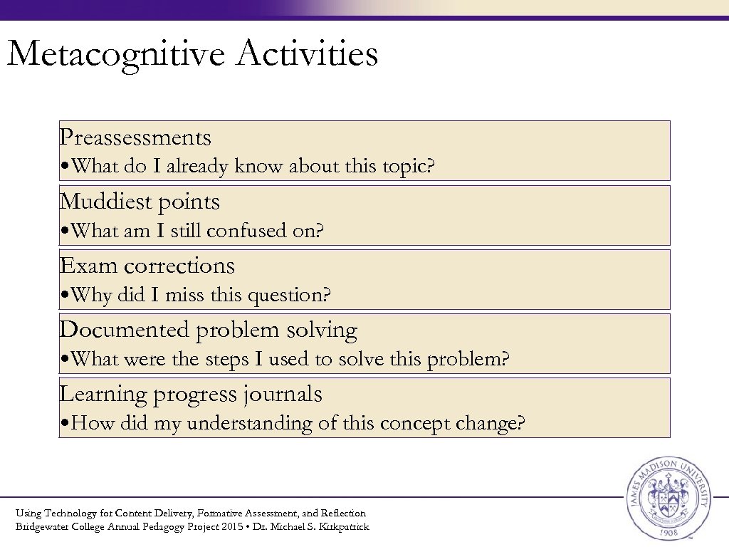 Metacognitive Activities Preassessments • What do I already know about this topic? Muddiest points