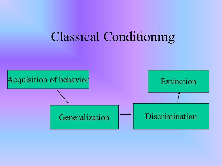 Classical Conditioning Acquisition of behavior Generalization Extinction Discrimination 