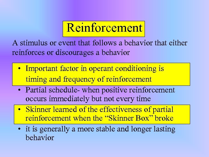 Reinforcement A stimulus or event that follows a behavior that either reinforces or discourages