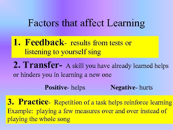 Factors that affect Learning 1. Feedback- results from tests or listening to yourself sing