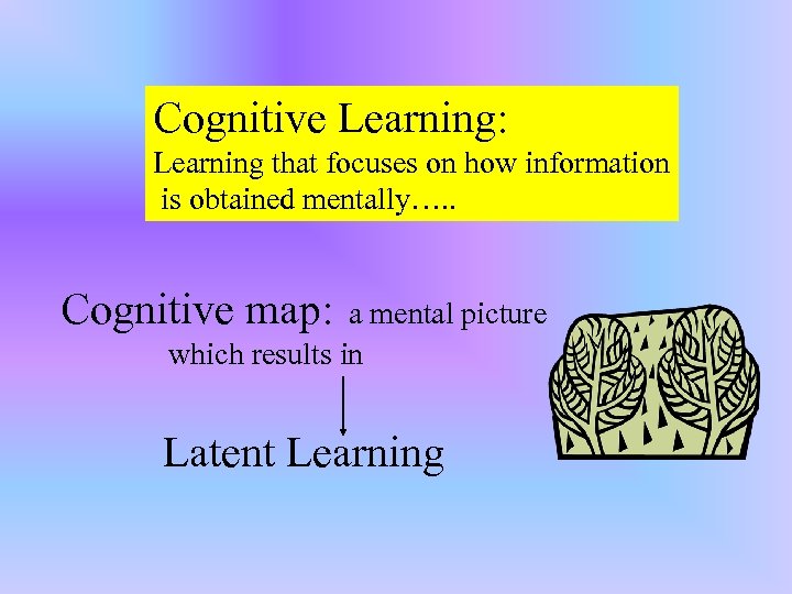 Cognitive Learning: Learning that focuses on how information is obtained mentally…. . Cognitive map: