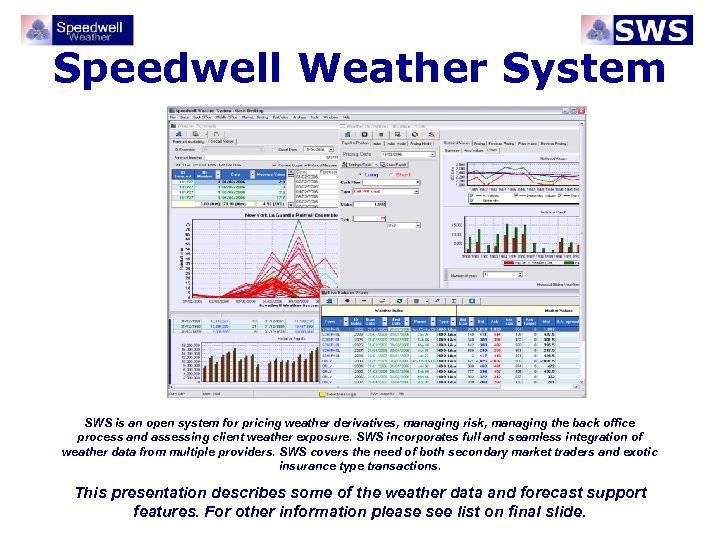 Speedwell Weather System SWS is an open system for pricing weather derivatives, managing risk,