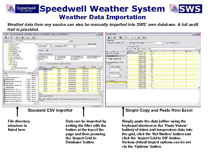Speedwell Weather System Weather Data Importation Weather data from any source can also be