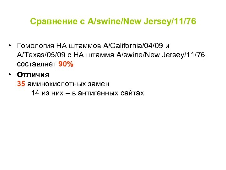 Сравнение с A/swine/New Jersey/11/76 • Гомология HA штаммов А/California/04/09 и А/Texas/05/09 с HA штамма