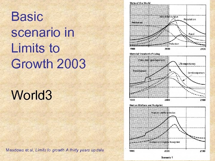 Basic scenario in Limits to Growth 2003 World 3 Meadows et al, Limits to