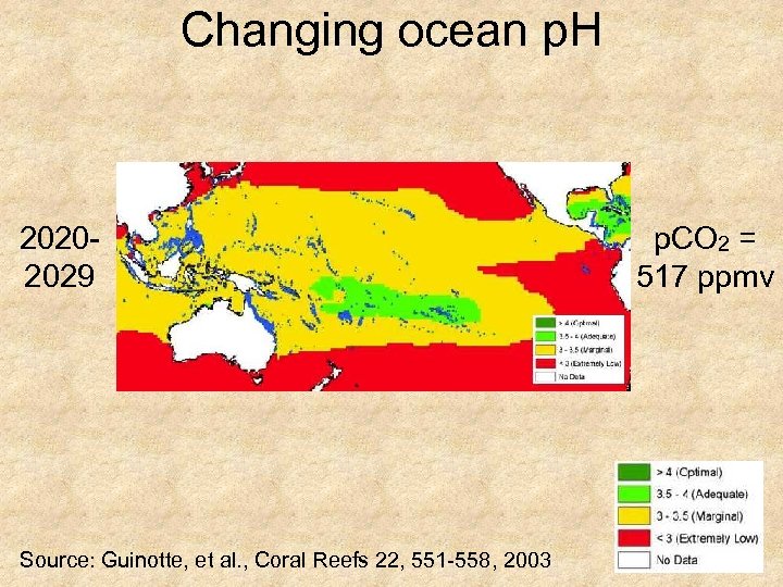 Changing ocean p. H 20202029 Source: Guinotte, et al. , Coral Reefs 22, 551