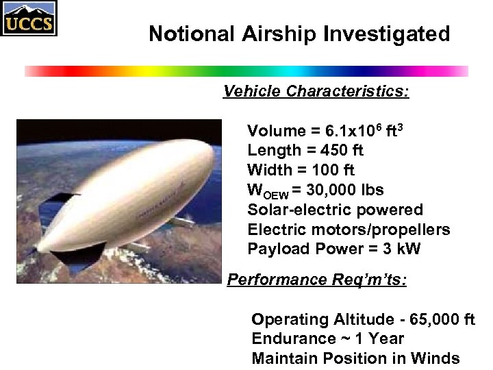 Notional Airship Investigated Vehicle Characteristics: Volume = 6. 1 x 106 ft 3 Length