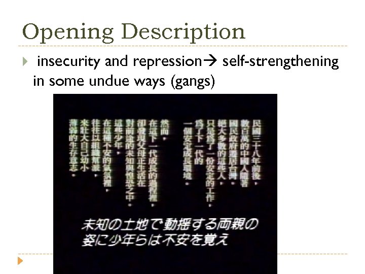 Opening Description insecurity and repression self-strengthening in some undue ways (gangs) 