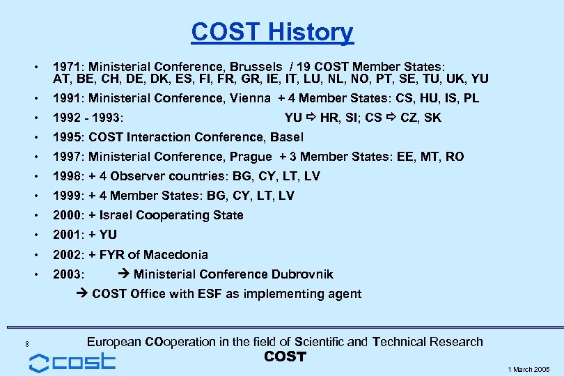 COST History • 1971: Ministerial Conference, Brussels / 19 COST Member States: AT, BE,