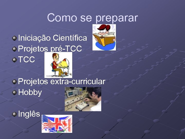 Como se preparar Iniciação Científica Projetos pré-TCC Projetos extra-curricular Hobby Inglês 