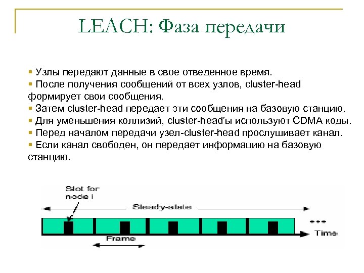LEACH: Фаза передачи § Узлы передают данные в свое отведенное время. § После получения