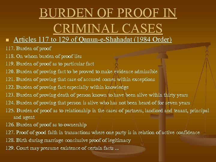 BURDEN OF PROOF IN CRIMINAL CASES n Articles 117 to 129 of Qanun-e-Shahadat (1984