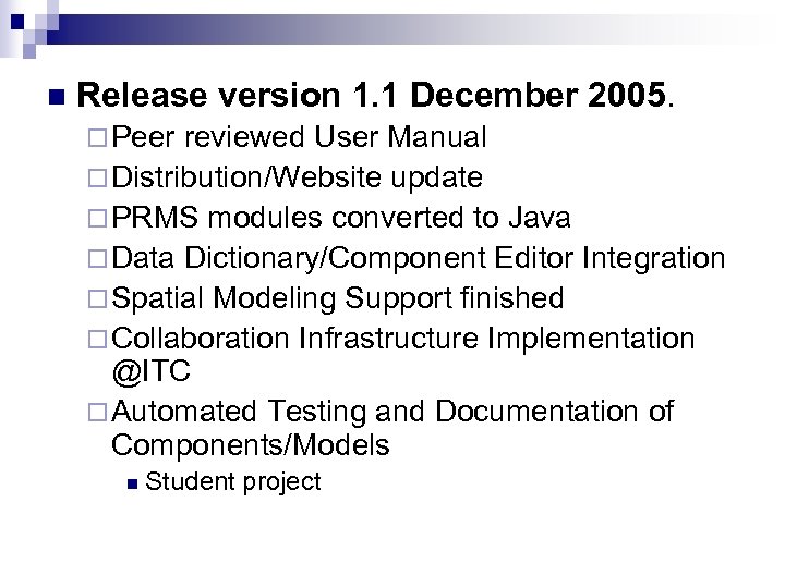 n Release version 1. 1 December 2005. ¨ Peer reviewed User Manual ¨ Distribution/Website