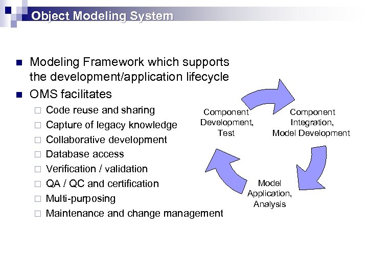 Object Modeling System n n Modeling Framework which supports the development/application lifecycle OMS facilitates