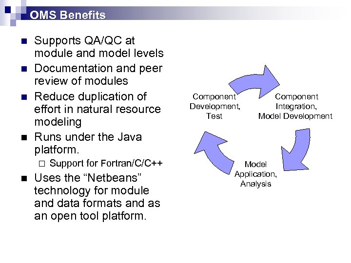OMS Benefits n n Supports QA/QC at module and model levels Documentation and peer