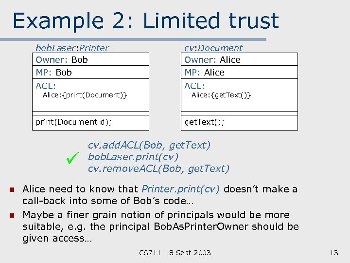 Example 2: Limited trust bob. Laser: Printer Owner: Bob MP: Bob cv: Document Owner: