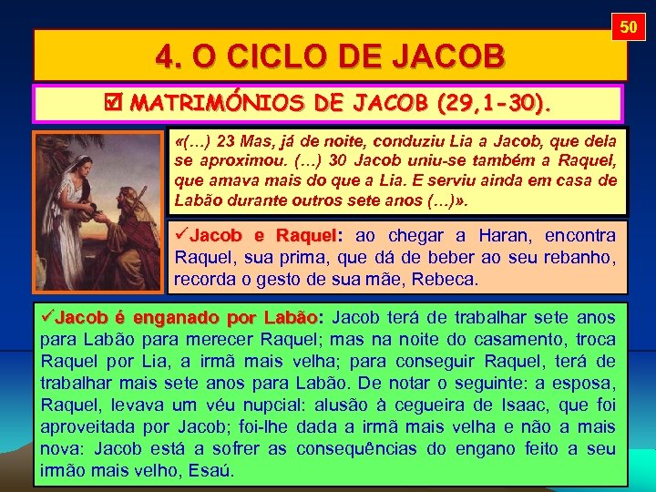 50 4. O CICLO DE JACOB MATRIMÓNIOS DE JACOB (29, 1 -30). «(…) 23