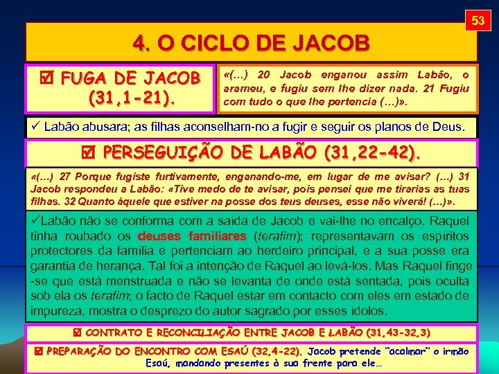 53 4. O CICLO DE JACOB FUGA DE JACOB (31, 1 -21). «(…) 20