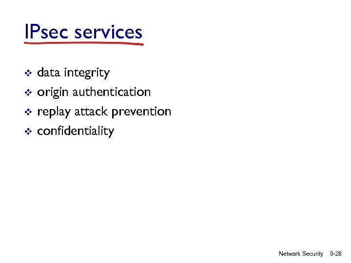 IPsec services v v data integrity origin authentication replay attack prevention confidentiality Network Security
