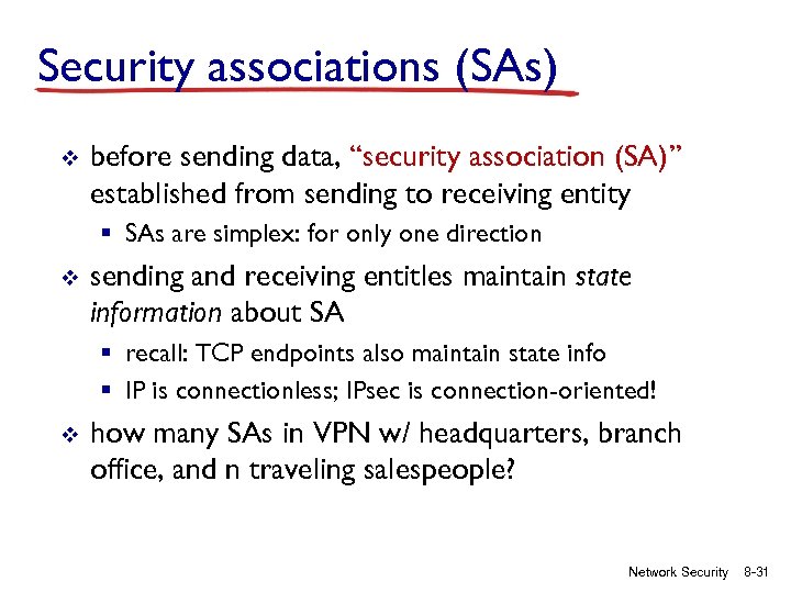 Security associations (SAs) v before sending data, “security association (SA)” established from sending to