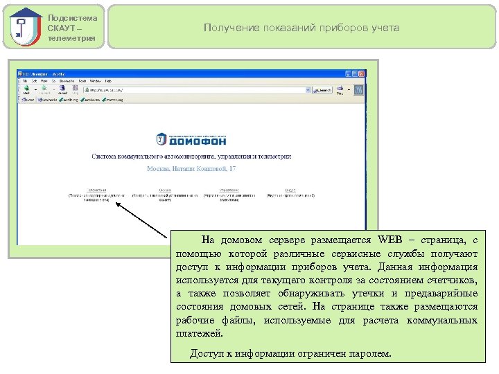 Подсистема СКАУТ – телеметрия Получение показаний приборов учета На домовом сервере размещается WEB –