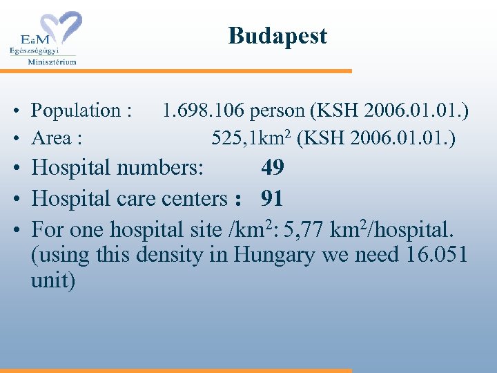 Budapest • Population : • Area : 1. 698. 106 person (KSH 2006. 01.