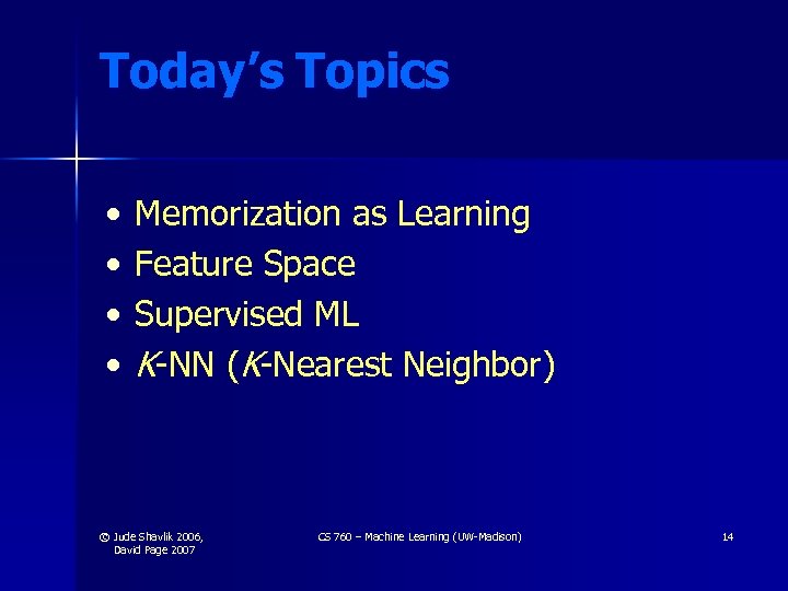 Today’s Topics • • Memorization as Learning Feature Space Supervised ML K-NN (K-Nearest Neighbor)