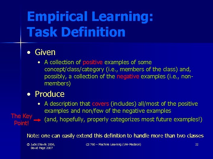 Empirical Learning: Task Definition • Given • A collection of positive examples of some