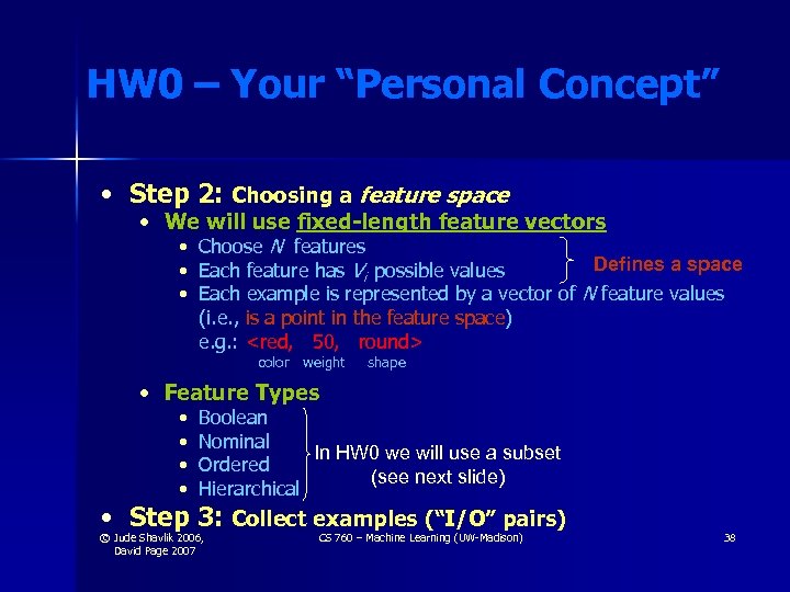HW 0 – Your “Personal Concept” • Step 2: Choosing a feature space •