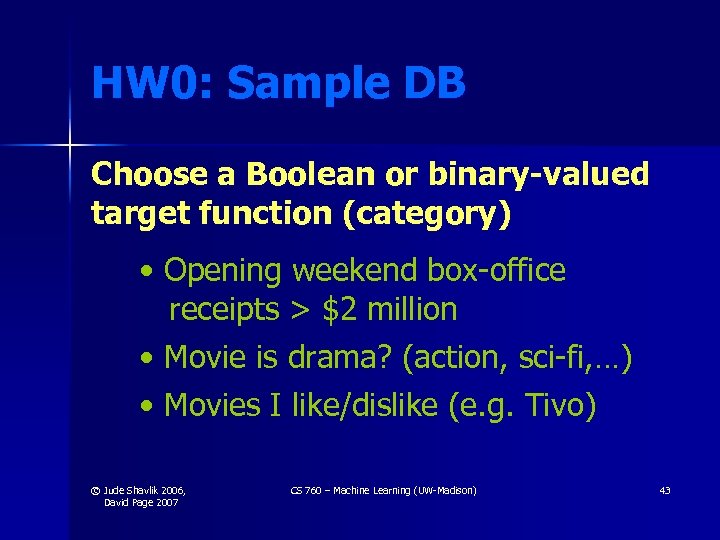 HW 0: Sample DB Choose a Boolean or binary-valued target function (category) • Opening