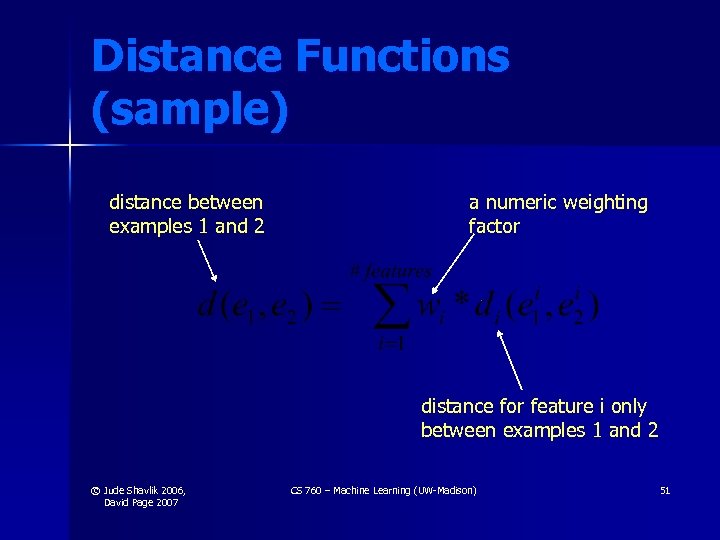 Distance Functions (sample) distance between examples 1 and 2 a numeric weighting factor distance