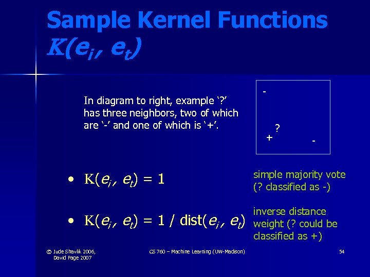 Sample Kernel Functions K(ei , et) In diagram to right, example ‘? ’ has