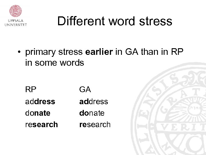 Different word stress • primary stress earlier in GA than in RP in some