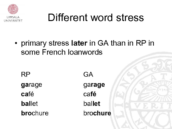 Different word stress • primary stress later in GA than in RP in some